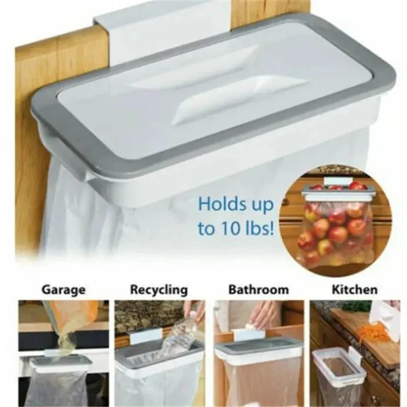 Over-cabinet trash bag holder with lid installed on wooden cabinet, showing versatility for kitchen, bathroom, recycling, and garage