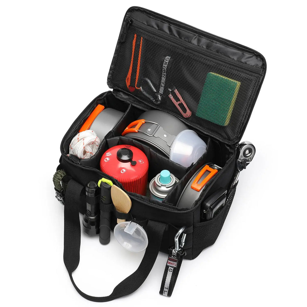 Camping gear organizer bag filled with cookware, tools, and accessories