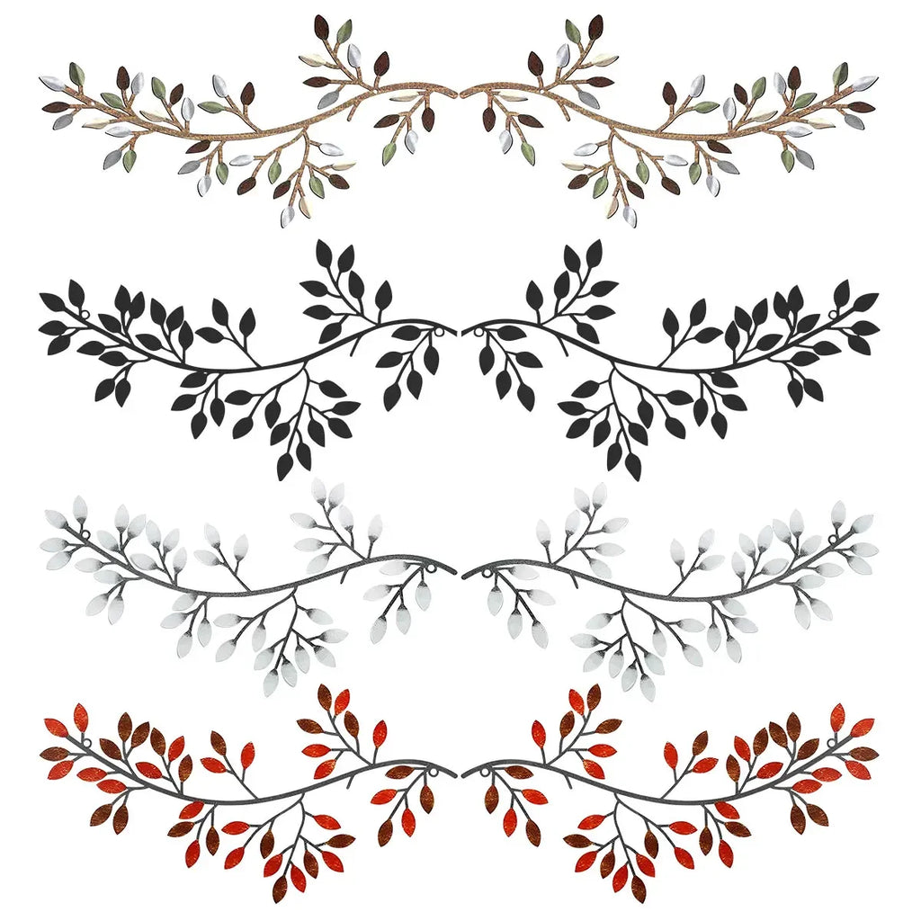 Collection of four metal olive branch wall art styles in multicolor, black, white, and red finishes on a white background