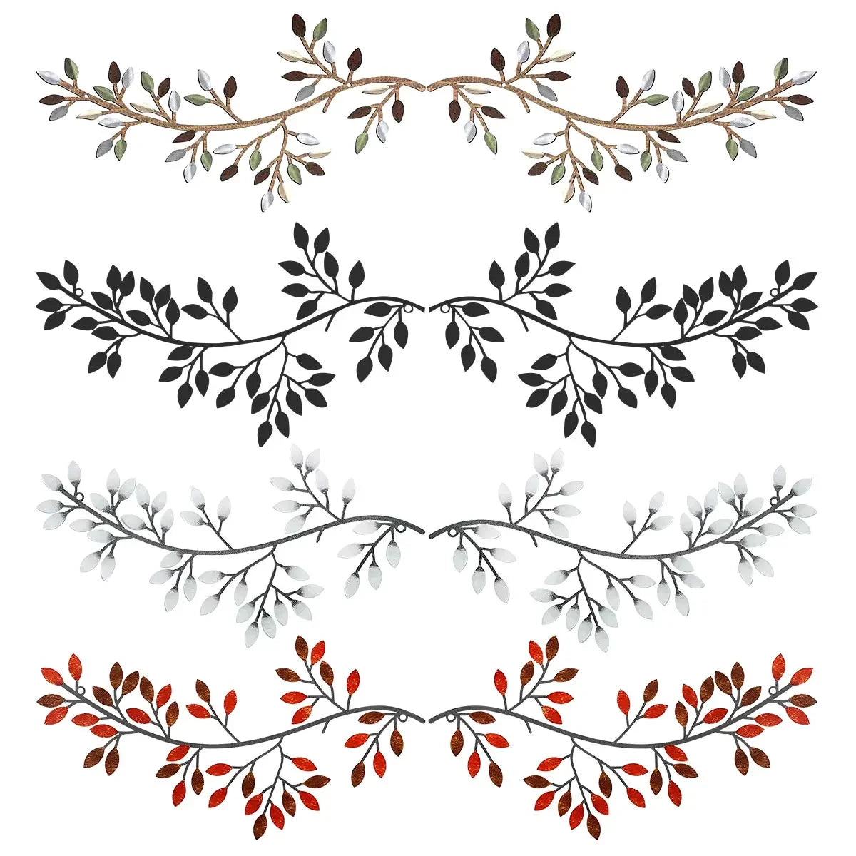 Collection of four metal olive branch wall art styles in multicolor, black, white, and red finishes on a white background