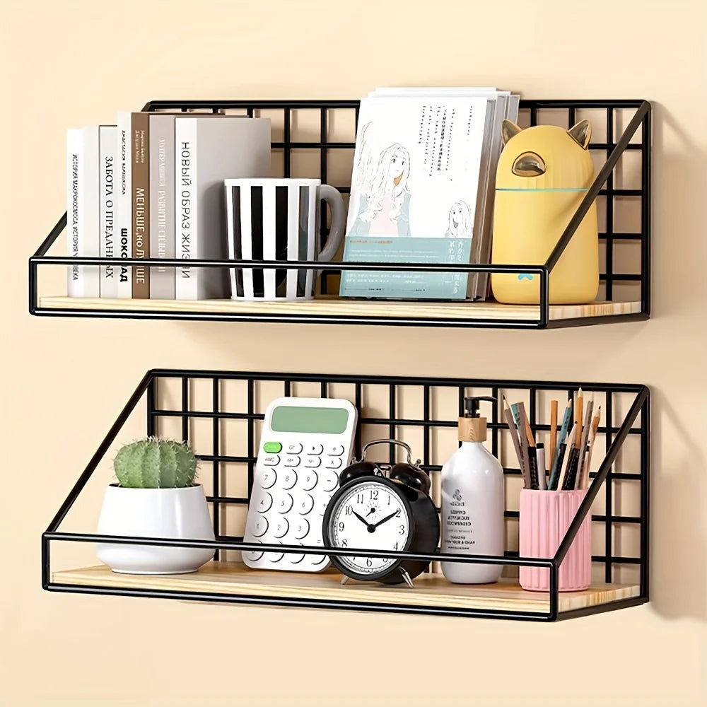 Set of two wall-mounted wood and black metal grid shelves displaying books, mugs, and decor