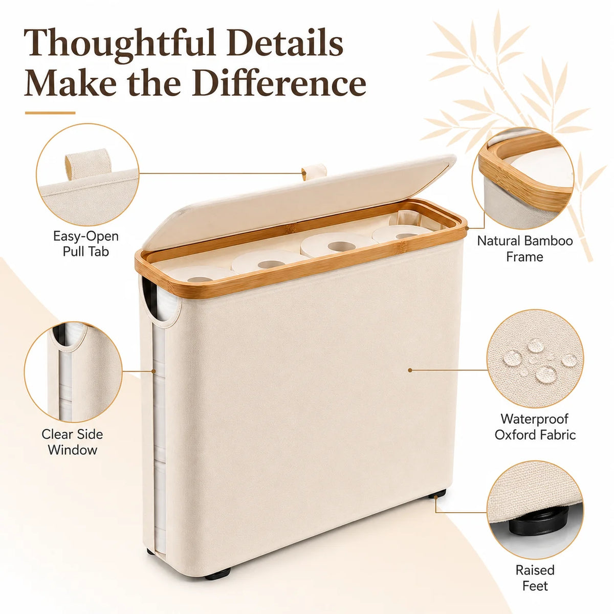 close-up of slim fabric storage bin with bamboo lid, easy-open pull tab, clear side window, and raised feet