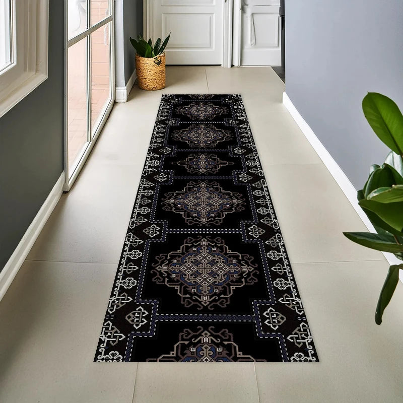 Black vintage geometric runner rug in modern hallway with plants