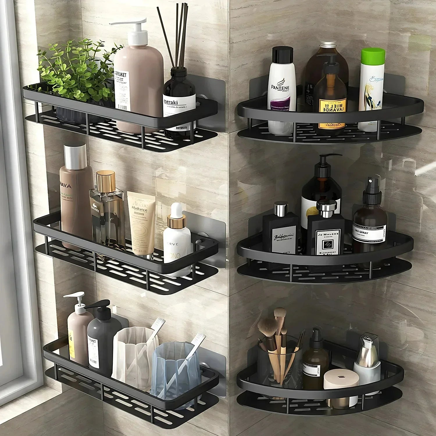 Corner installation of black aluminum wall-mounted organizer shelves holding bathroom bottles, toiletries, and decor.