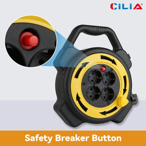 Close-up of extension cord reel safety breaker button and four EU sockets