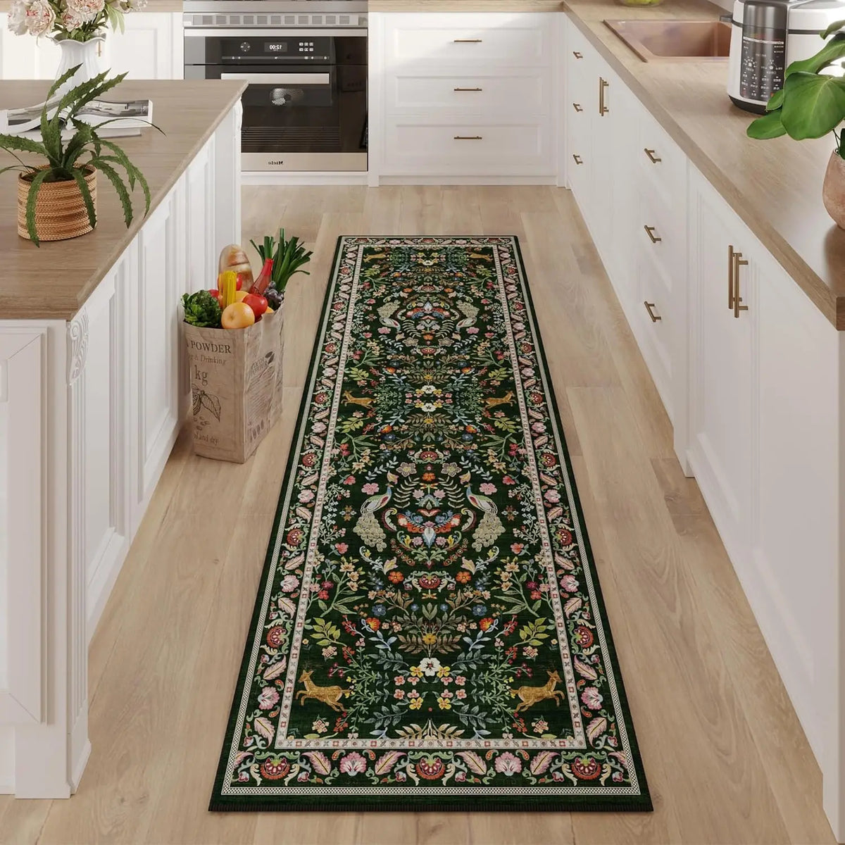 Wilton Floral Non-Slip Kitchen Runner Rug – Machine Washable, Water-Blocking, Soft Fleece, Rectangle Mat for Hallway, Laundry