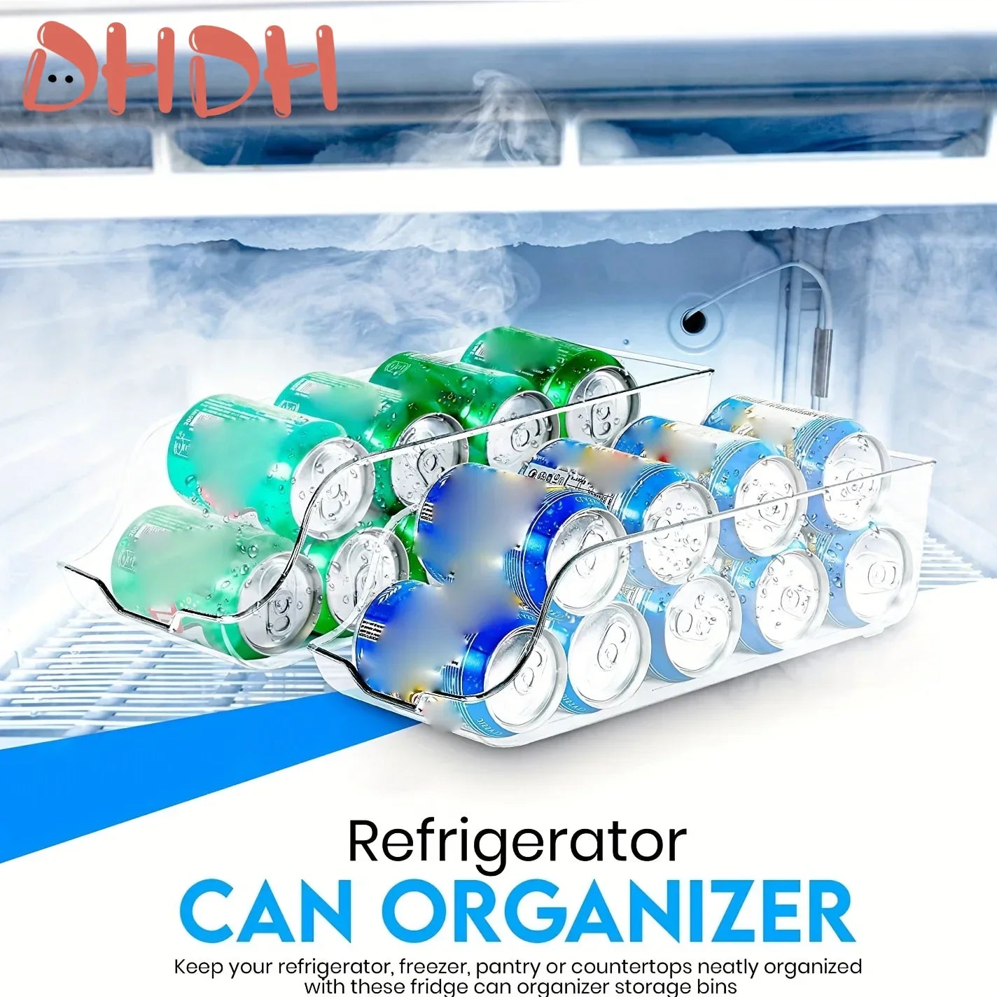 Clear fridge can organizers filled with soda cans in a refrigerator