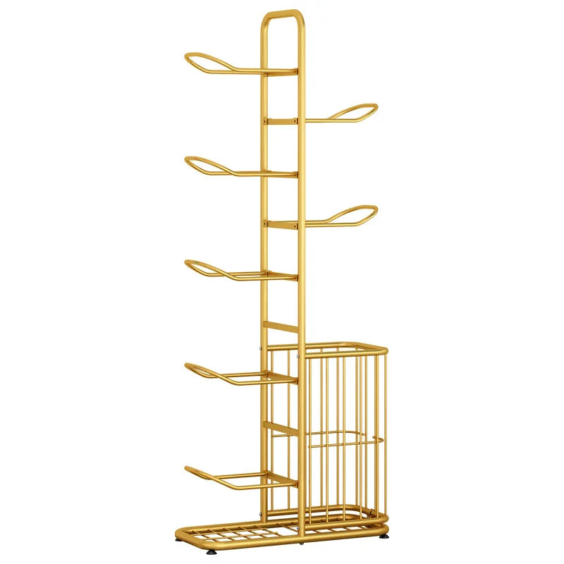 Yellow metal upright ball rack with side mesh basket, empty, shown on a white background