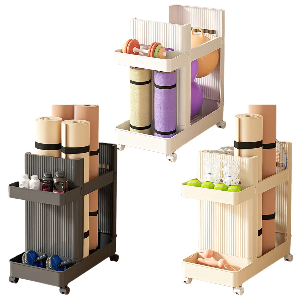 Three rolling sports equipment carts in black, cream, and white holding yoga mats, weights, and fitness accessories in a home gym setting
