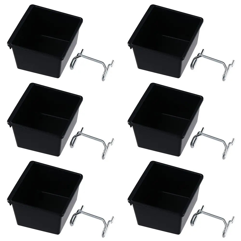 Six black pegboard bins with separate metal hooks shown on a white background