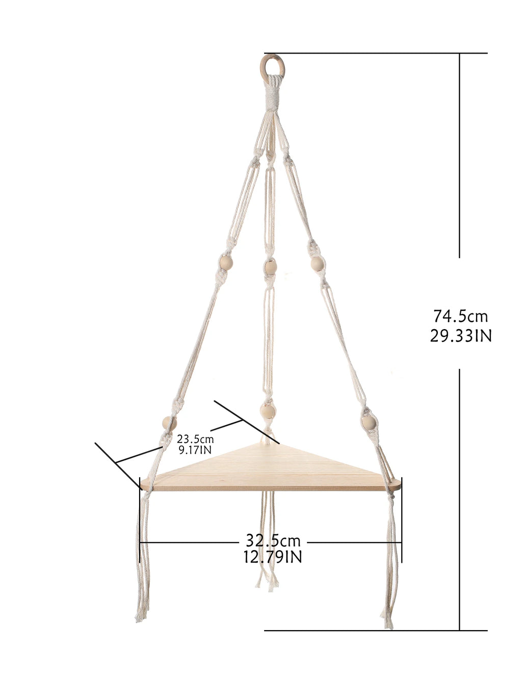 Triangle wooden corner shelf with cream rope hanger and visible measurement lines