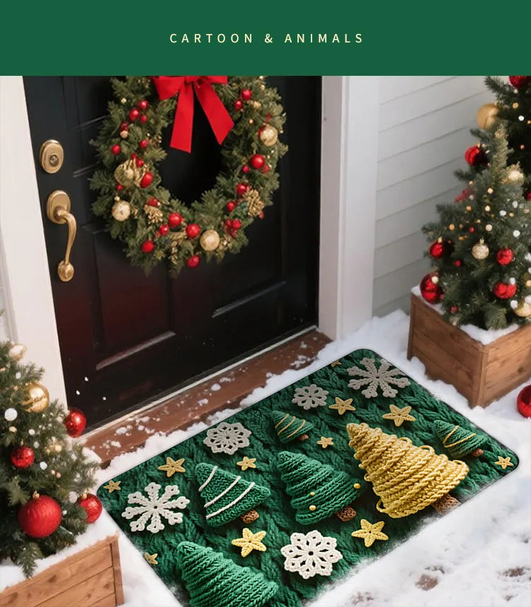 Festive Holiday Welcome Mat with Non-Slip Backing for Entryway or Porch, 60x40cm – Santa, Reindeer & Christmas Motifs