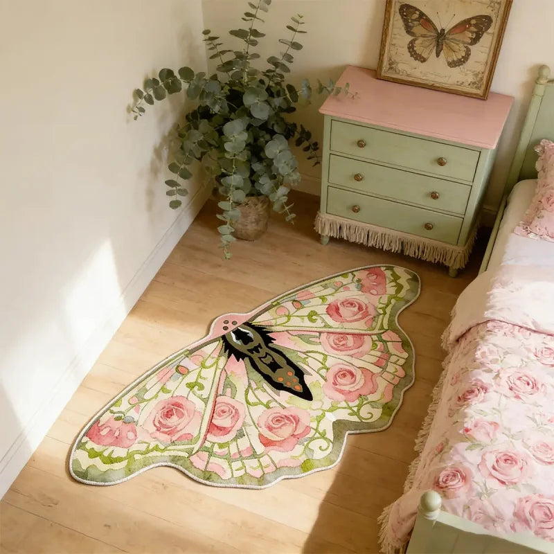 pink butterfly shaped runner rug with floral pattern in a bedroom corner