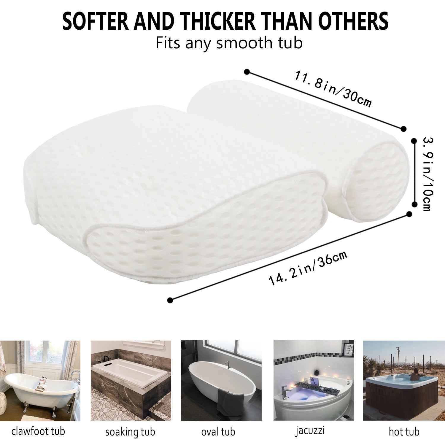 White bath pillow with labeled measurements and images of different compatible tub types