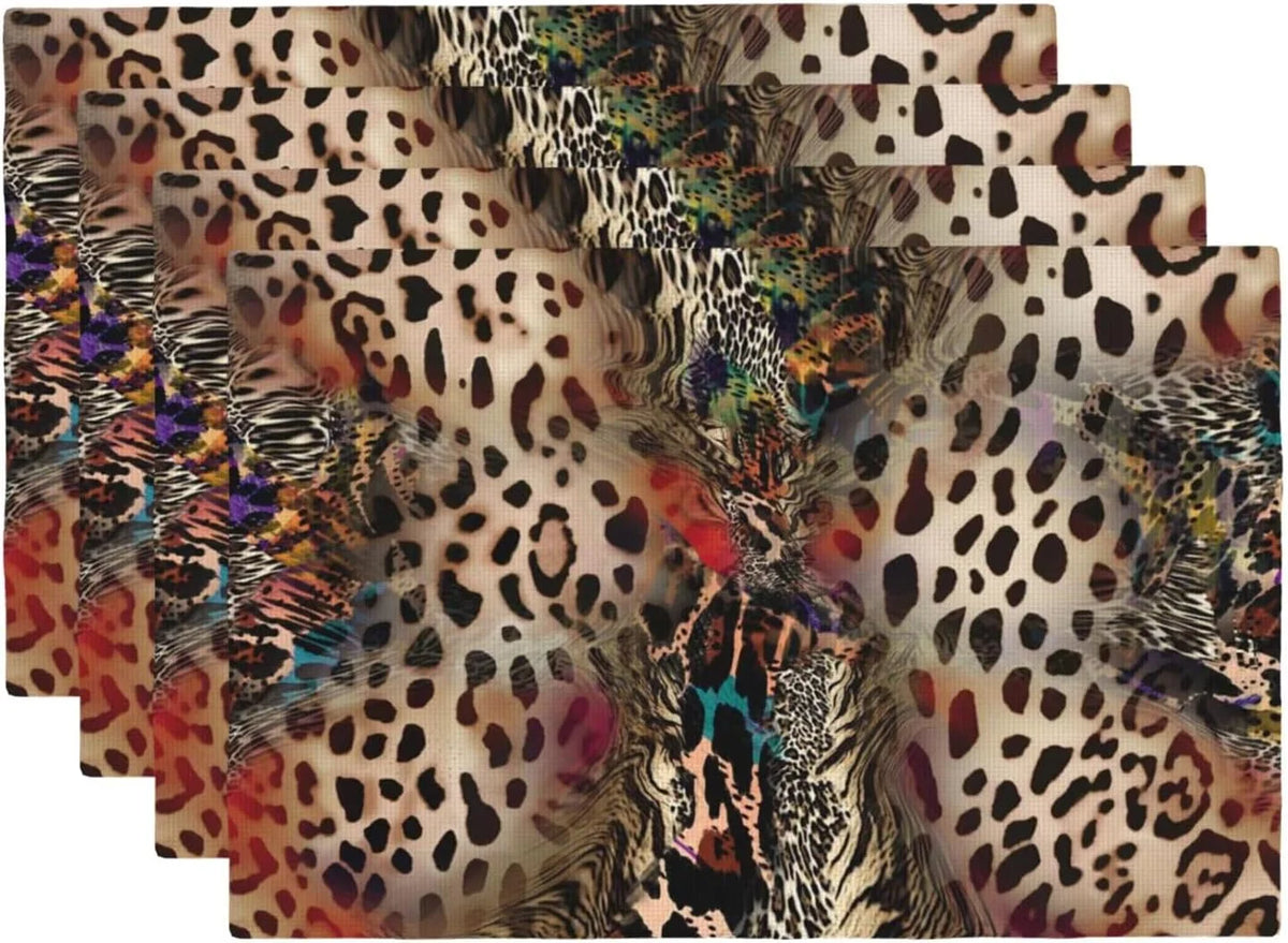 Modern Animal Print Linen Placemats – Rectangle Kitchen Table Mats, Assorted Cowhide & Leopard Patterns, 4/6/8 Piece Sets