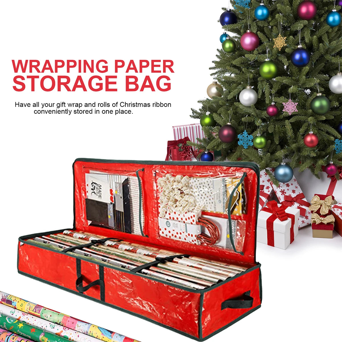 Red wrapping paper storage bag under a decorated Christmas tree with clear internal pockets and rolls of gift wrap.