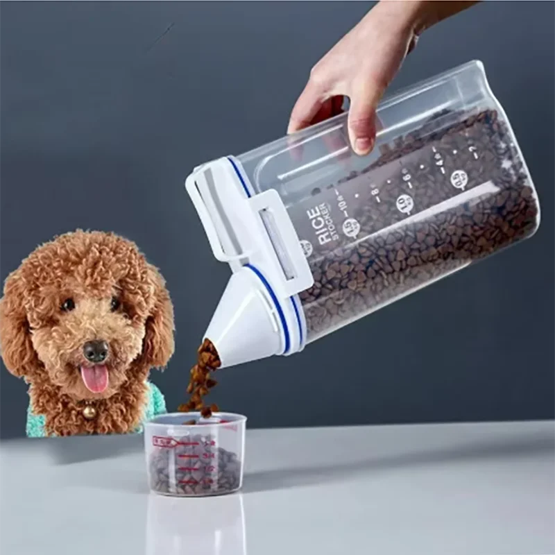 Clear plastic pet food container with white lid, shown pouring kibble for a dog