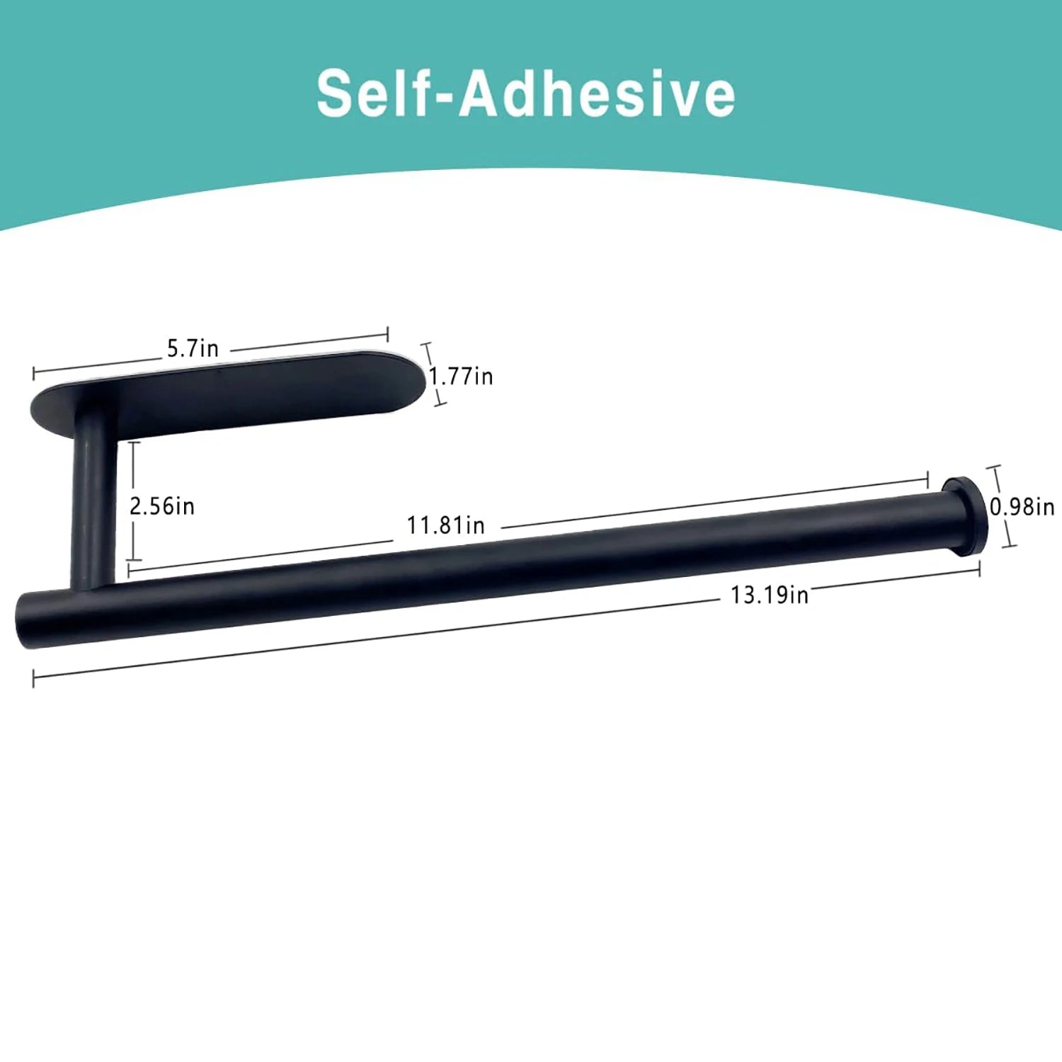 Black self-adhesive paper towel holder with labeled measurements for reference