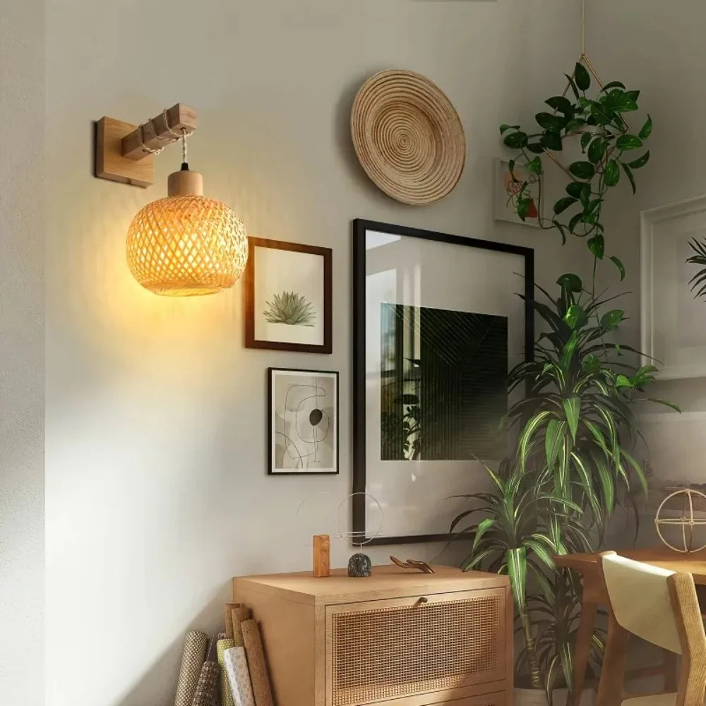 Bamboo wall sconce mounted in a cozy, plant-filled living room with framed art