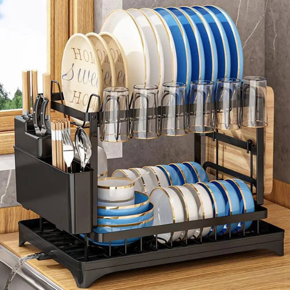 2-Tier Dish Drying Rack with Self-Draining Board for Kitchen Counter