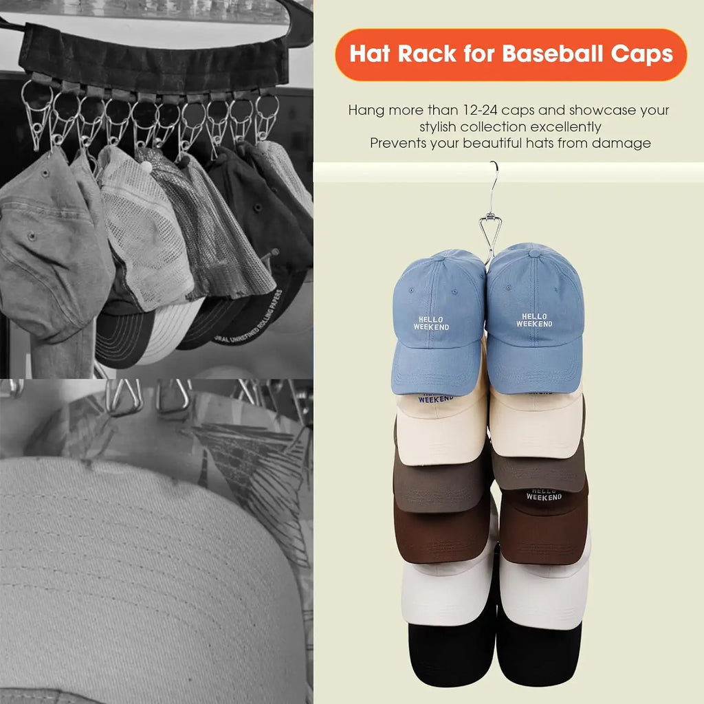 hanger being used as baseball cap organizer, displaying caps on closet rod