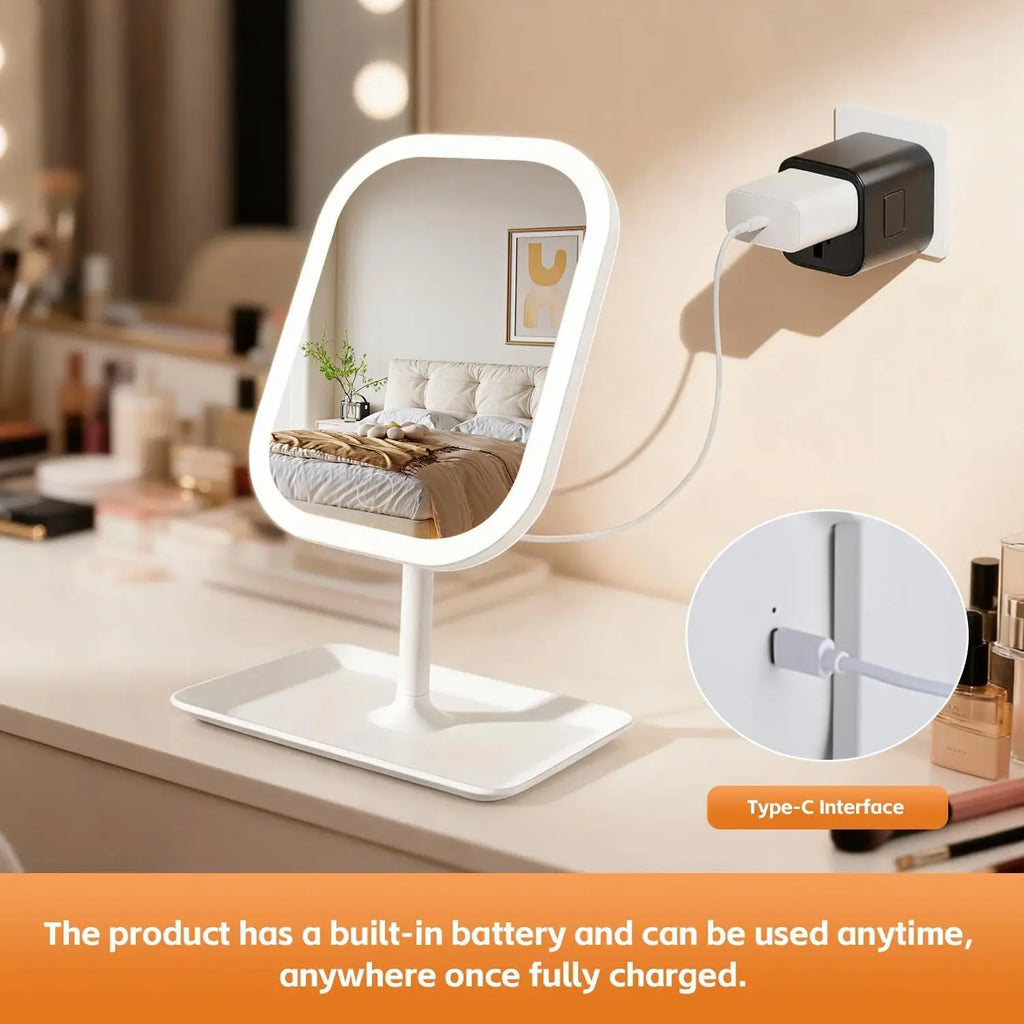 Rechargeable tabletop LED vanity mirror plugged in with USB-C cord