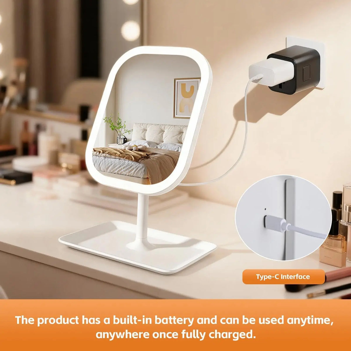 Rechargeable tabletop LED vanity mirror plugged in with USB-C cord