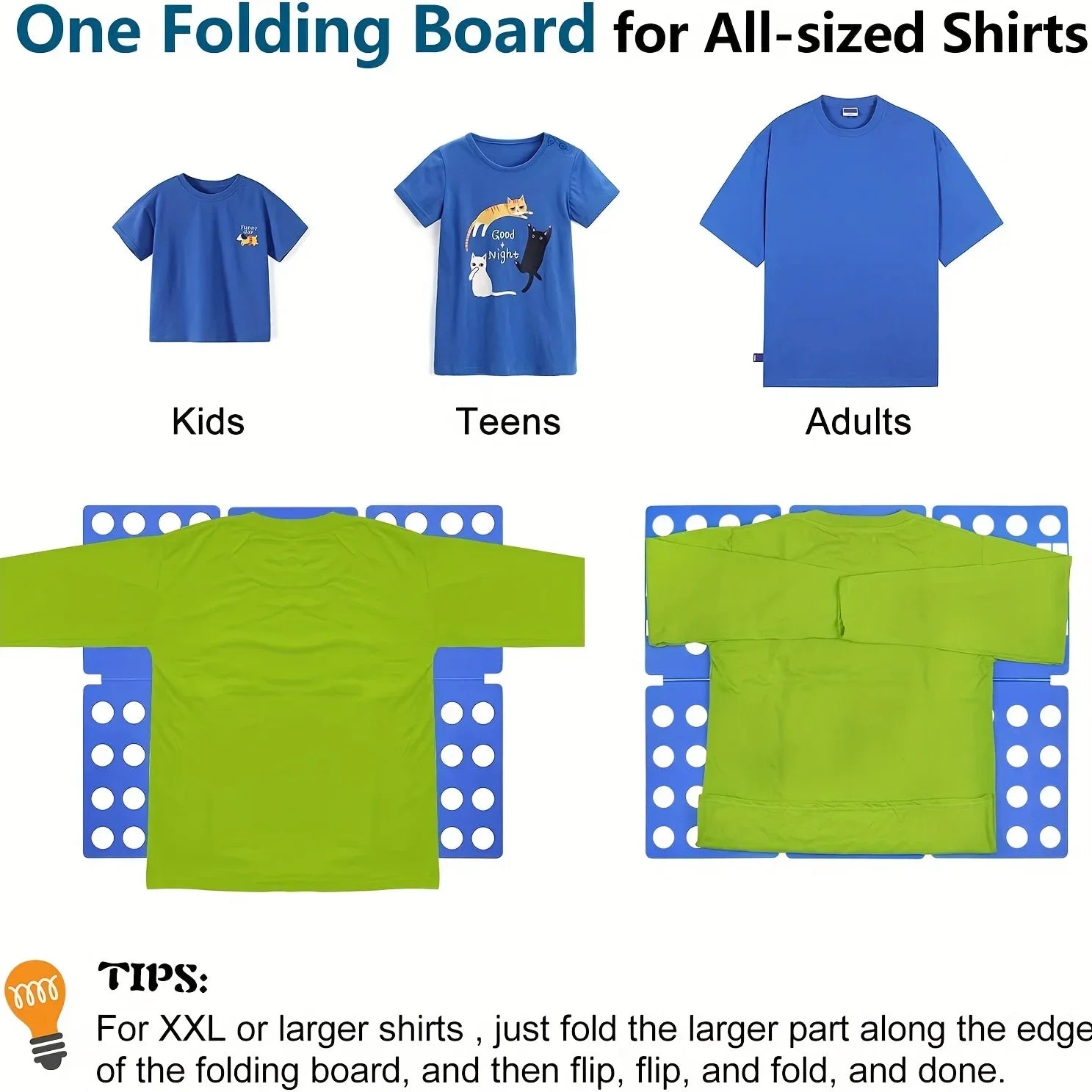 Illustration showing one folding board suitable for kids, teens, and adults shirts