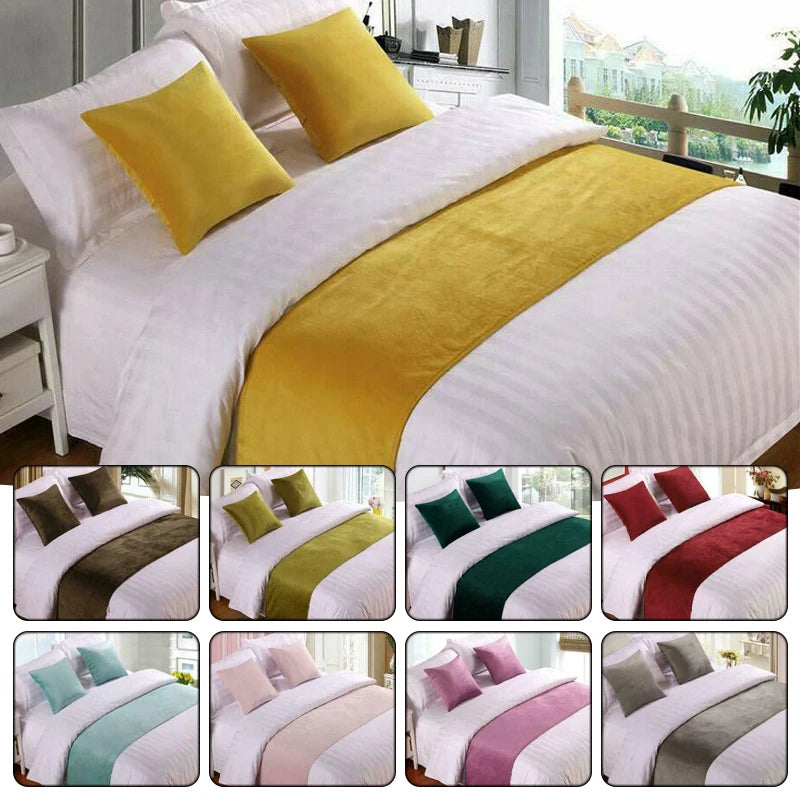 Assorted solid color velvet bed runners and pillow covers on beds, closeup grid style