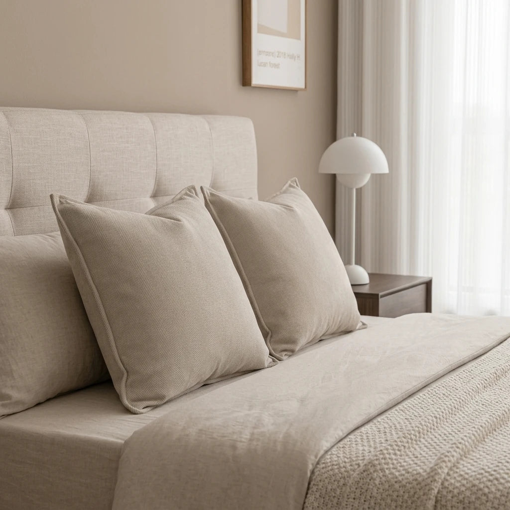 Neutral herringbone pillow covers styled on a modern upholstered bed