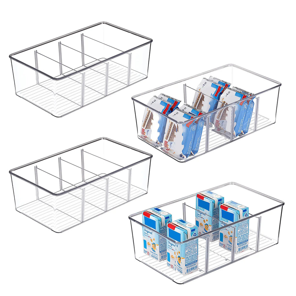 Clear 4-compartment organizer bins shown empty and filled with food packets
