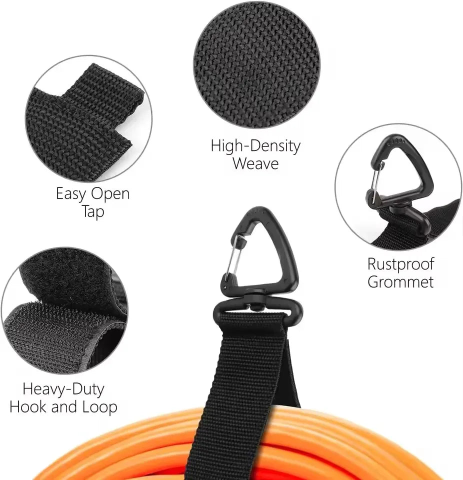 Close-up details of black nylon cord organizer strap with rotating buckle, high-density weave, and sturdy hook and loop closure