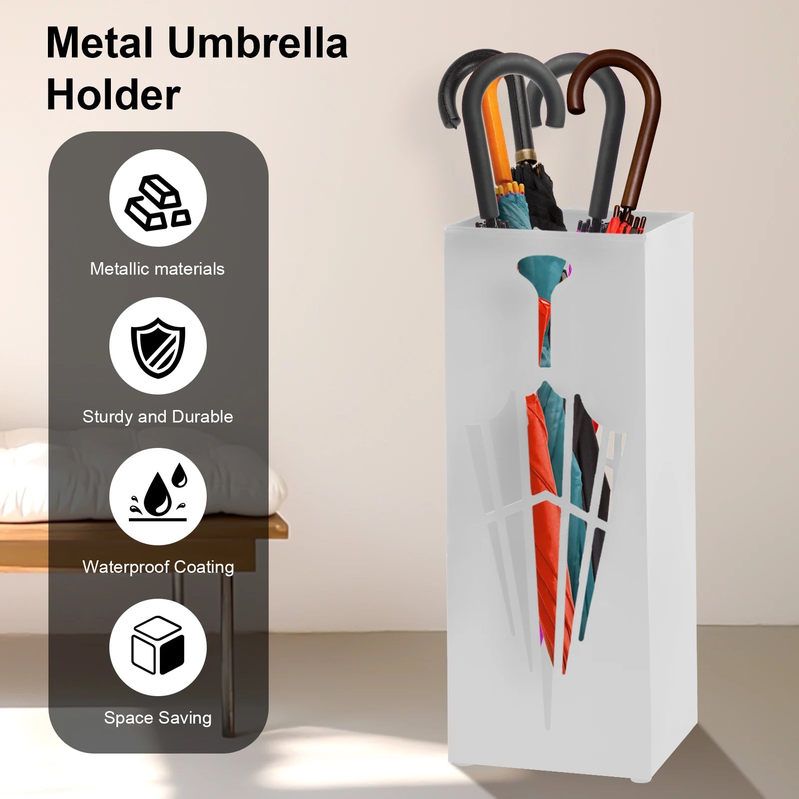 White metal umbrella holder in a hallway, highlighting metallic, waterproof, and space-saving features