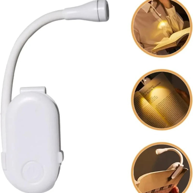 Clip-on USB book light shown lighting up a book and clipped to a cover