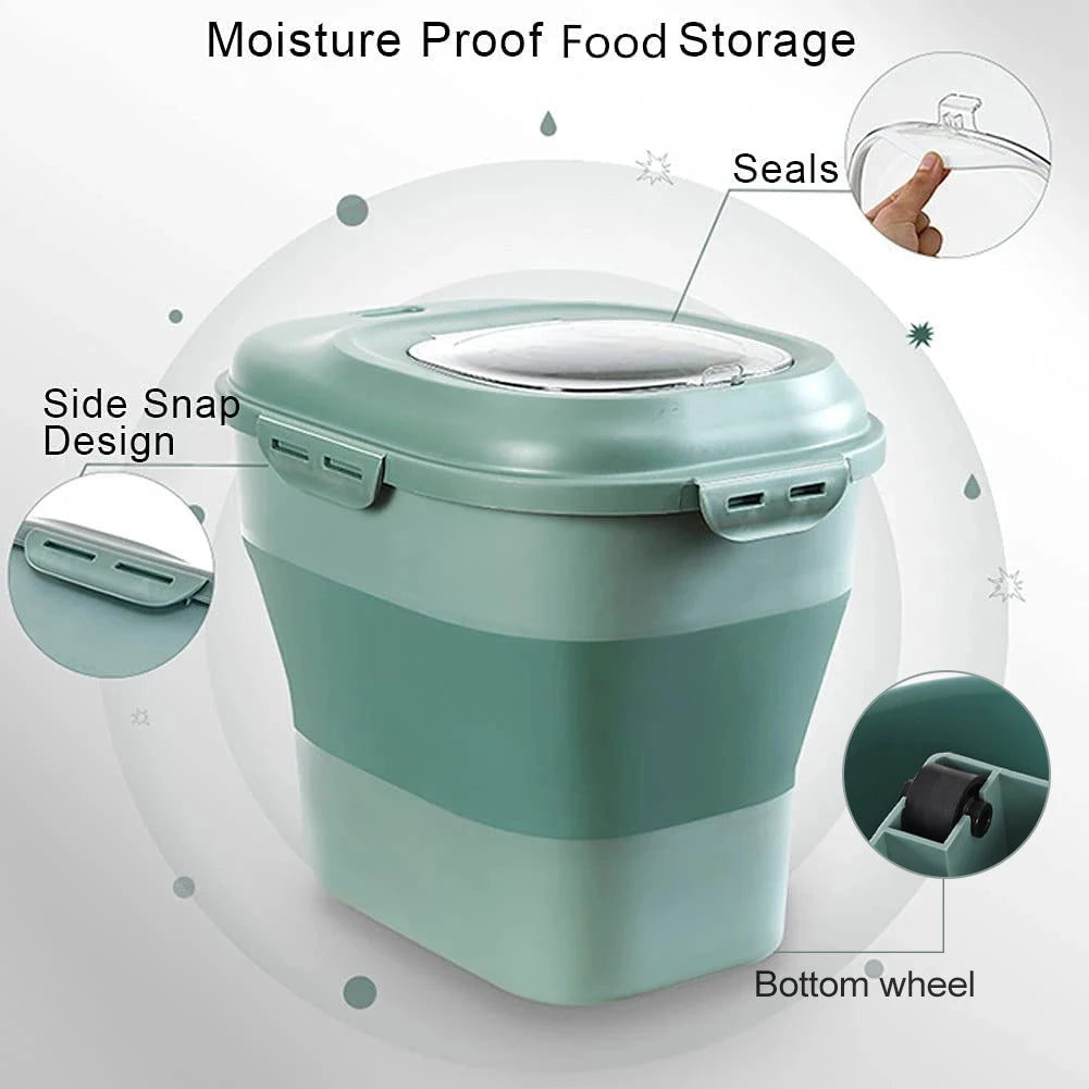 Close-up of a green foldable airtight pet food container with side snap design, seals, and a bottom wheel labeled for moisture-proof storage