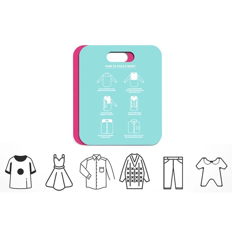Mint green and magenta folding boards for shirts, with icons showing t-shirt, dress, shirt, sweater, pants, and baby clothing