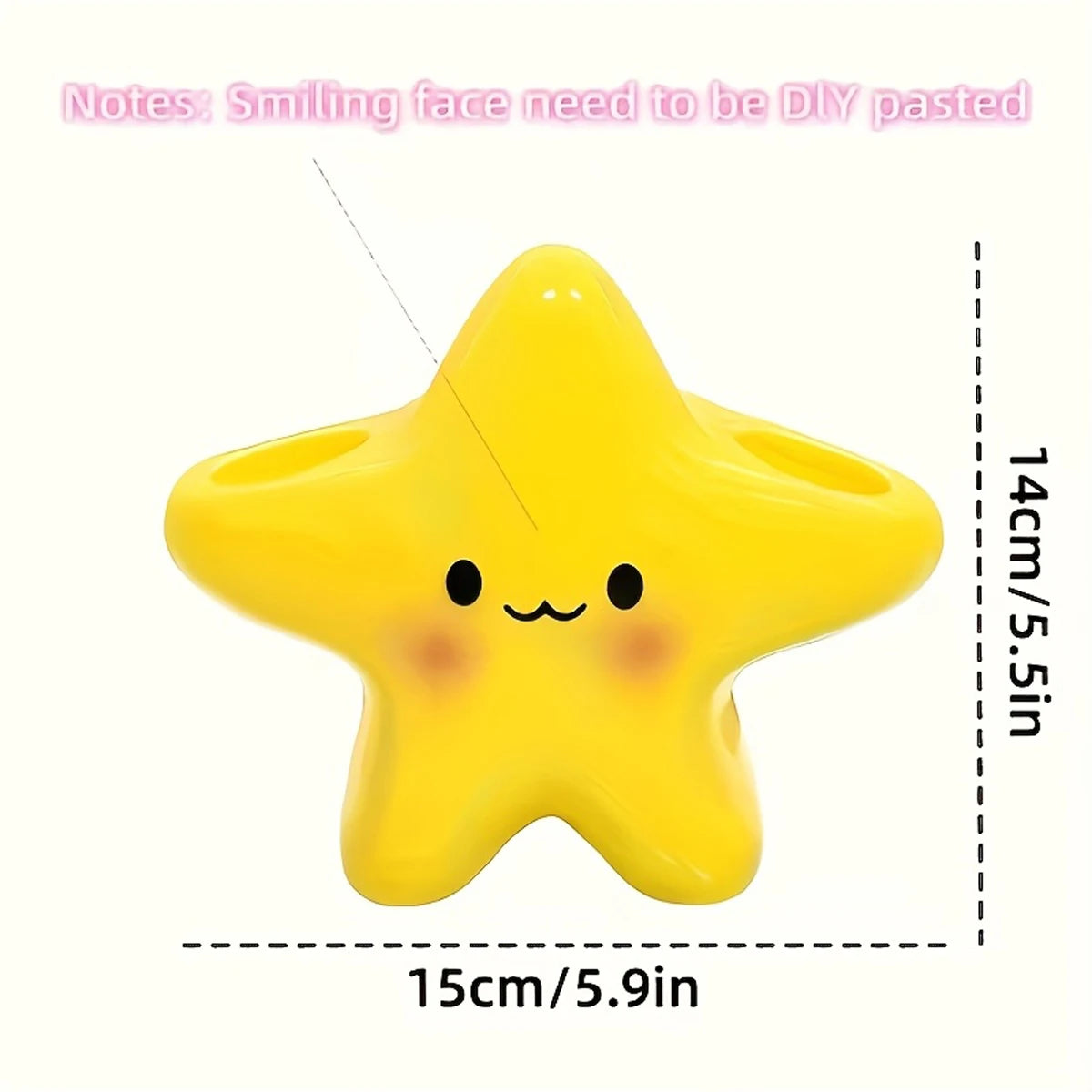 Diagram of yellow star toothbrush holder showing dimensions and note that smiling face is DIY sticker