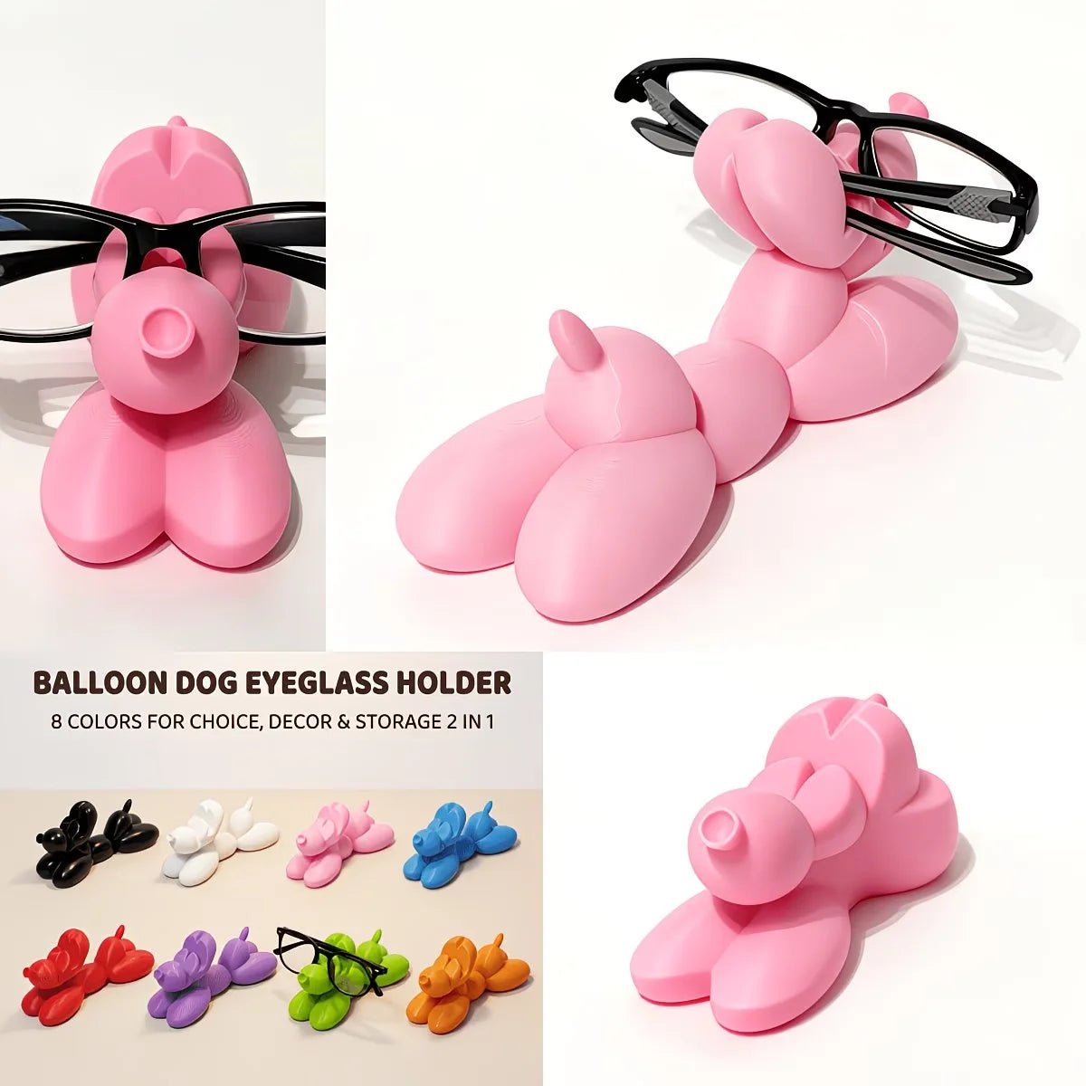 Closeup of pink balloon dog eyeglass holder with glasses and collage showing color selection