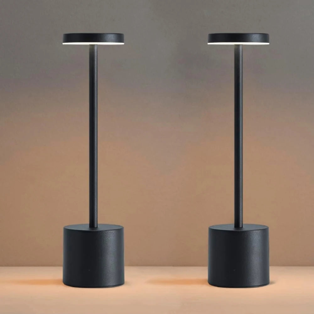 Minimalist black rechargeable touch table lamps on display
