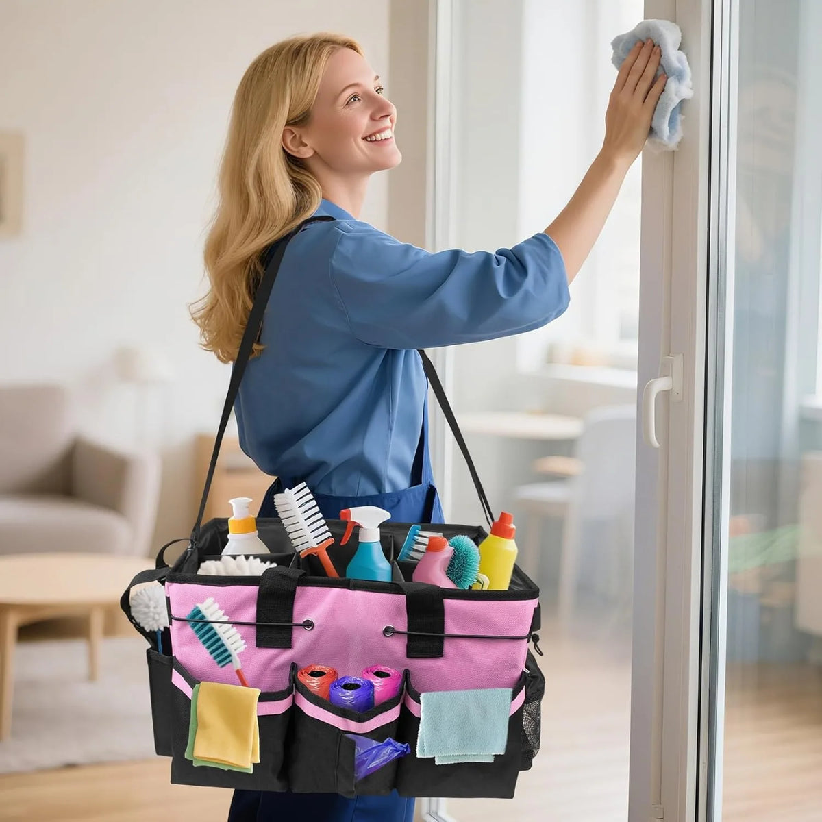 Person carrying cleaning caddy bag with shoulder strap while cleaning a home window