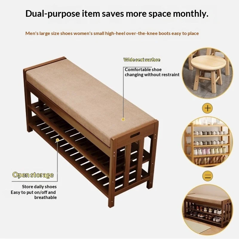 Infographic showing cushioned shoe bench features and open shoe storage details