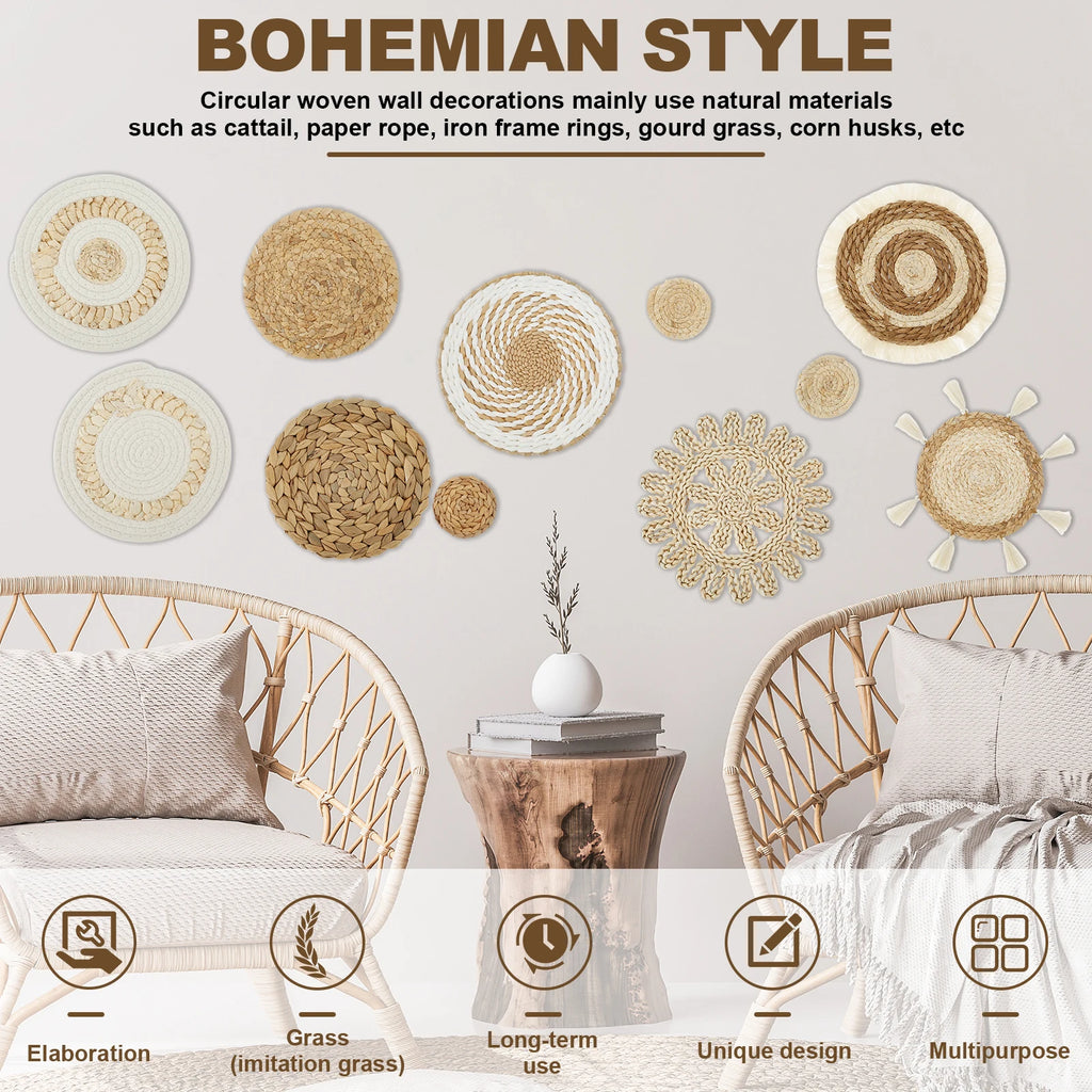 Woven wall basket set styled in a bohemian living room above two rattan chairs