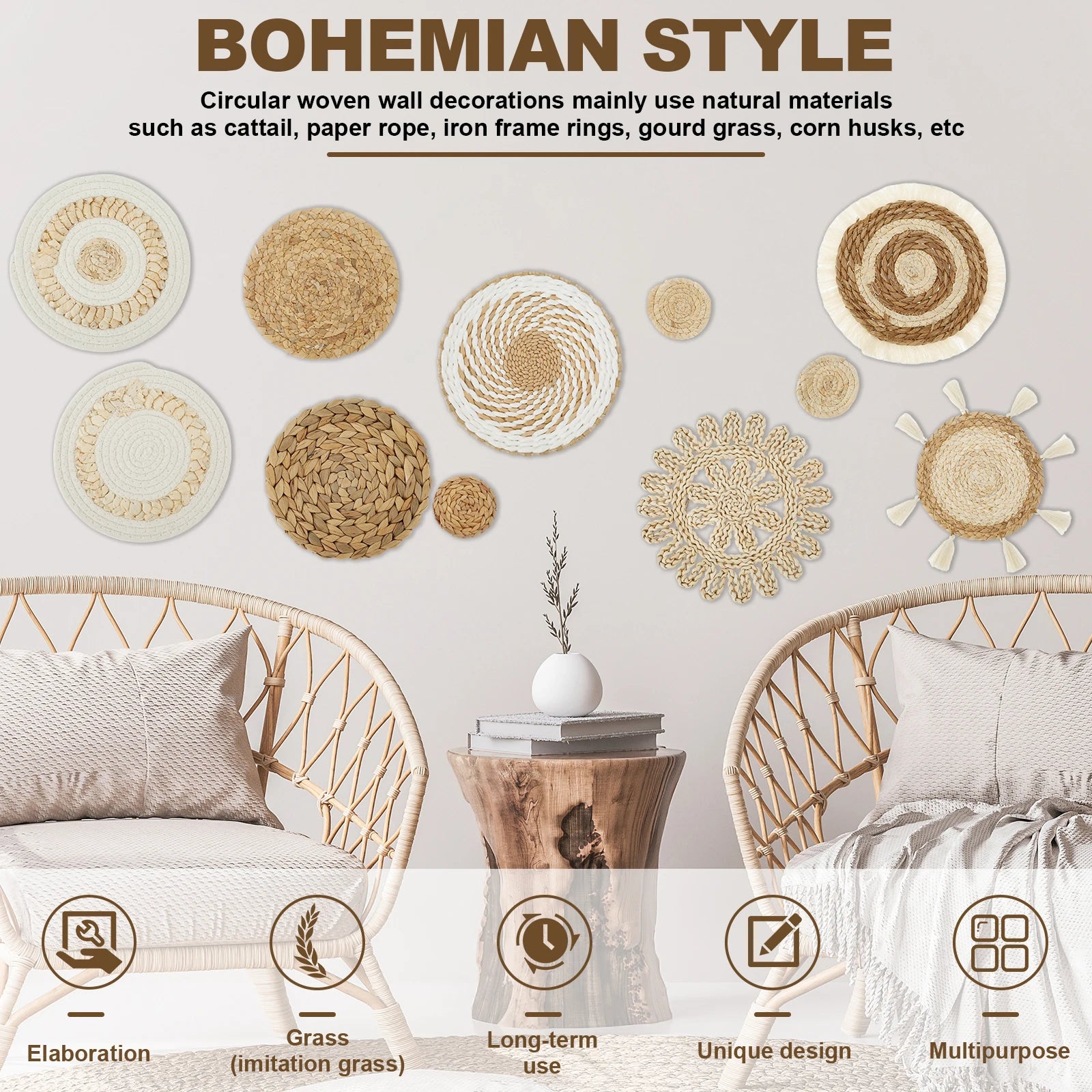 Woven wall basket set styled in a bohemian living room above two rattan chairs