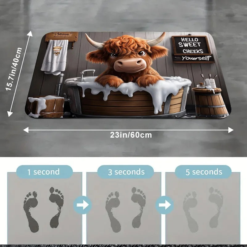 highland cow bath mat with footstep drying demonstration and size info