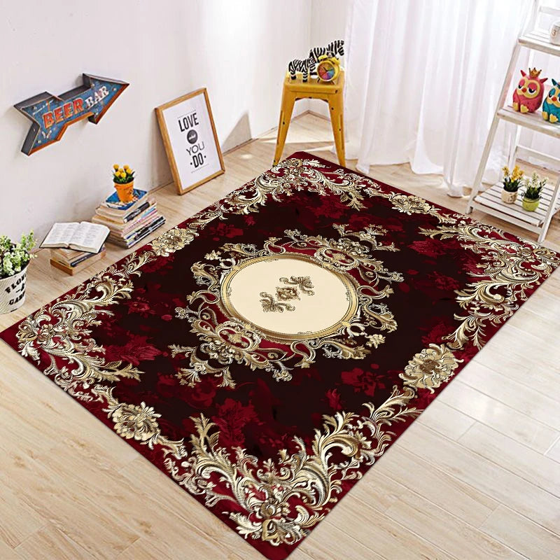 medium-sized ornate baroque rug in a bright kids’ room with a yellow chair and bookshelf