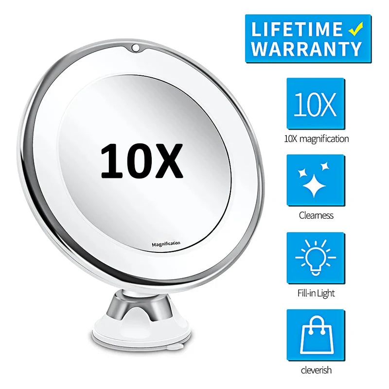 10x magnification vanity mirror with suction cup and feature list