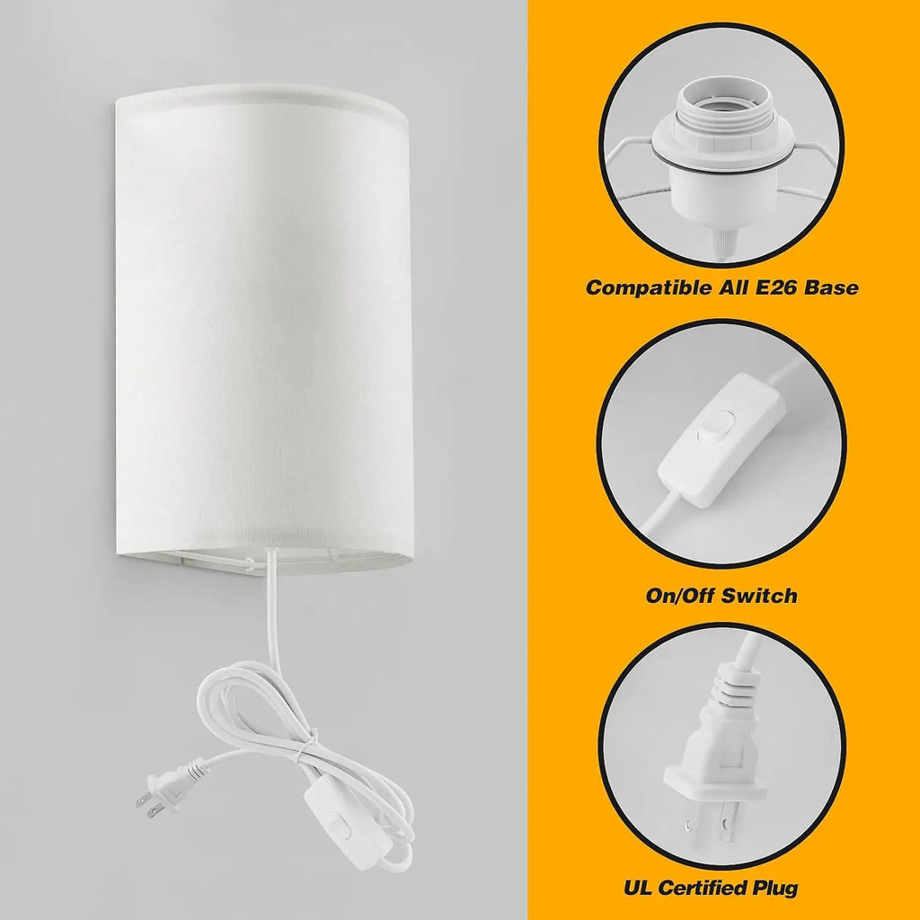 White plug-in wall sconce lamp with details of E26 base, on/off switch, and plug