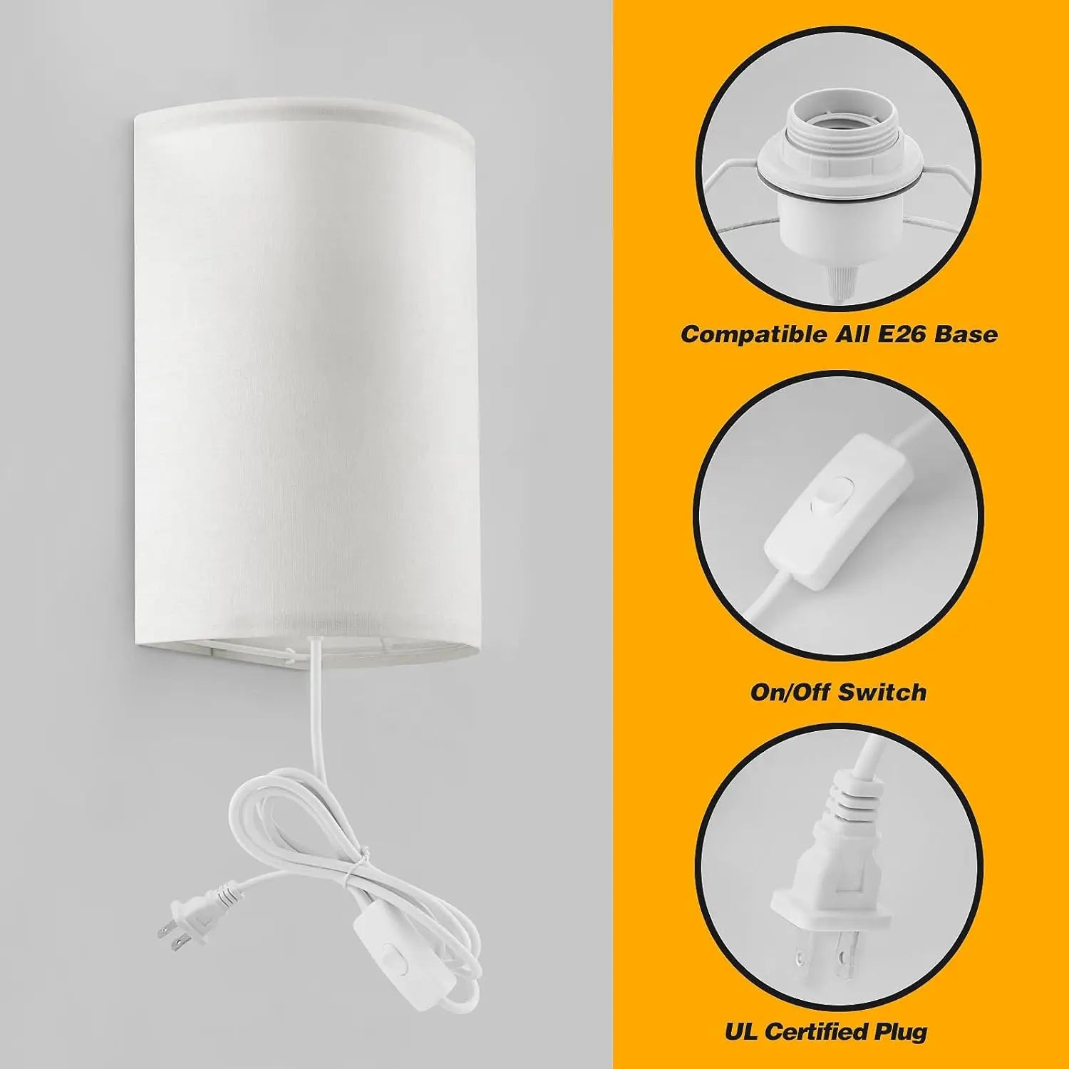 White plug-in wall sconce lamp with details of E26 base, on/off switch, and plug