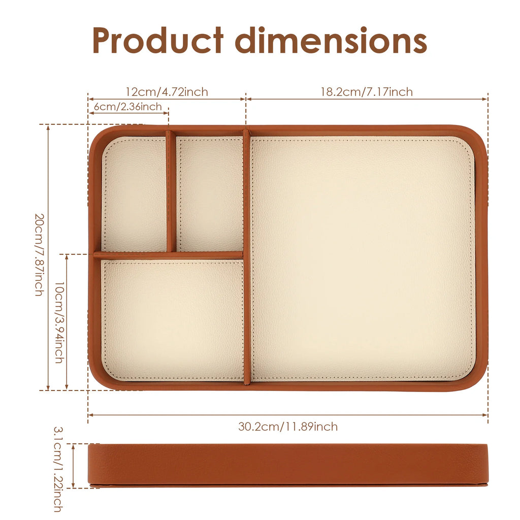 4-Compartment PU Leather Catchall Tray for Desk or Bedside