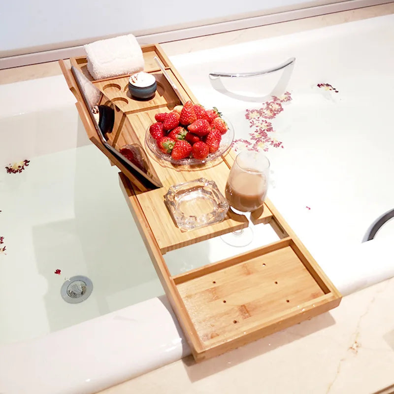 Extendable Bamboo Bath Tray with Tablet Stand & Storage for Relaxing Bathroom Organization
